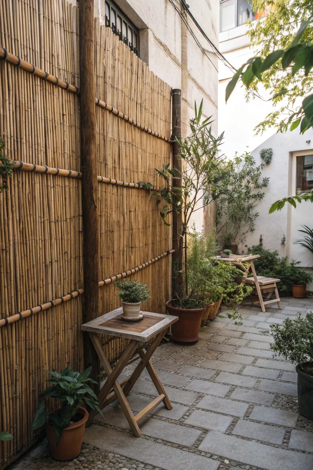 Rustic bamboo lattice adds cozy charm to any patio.