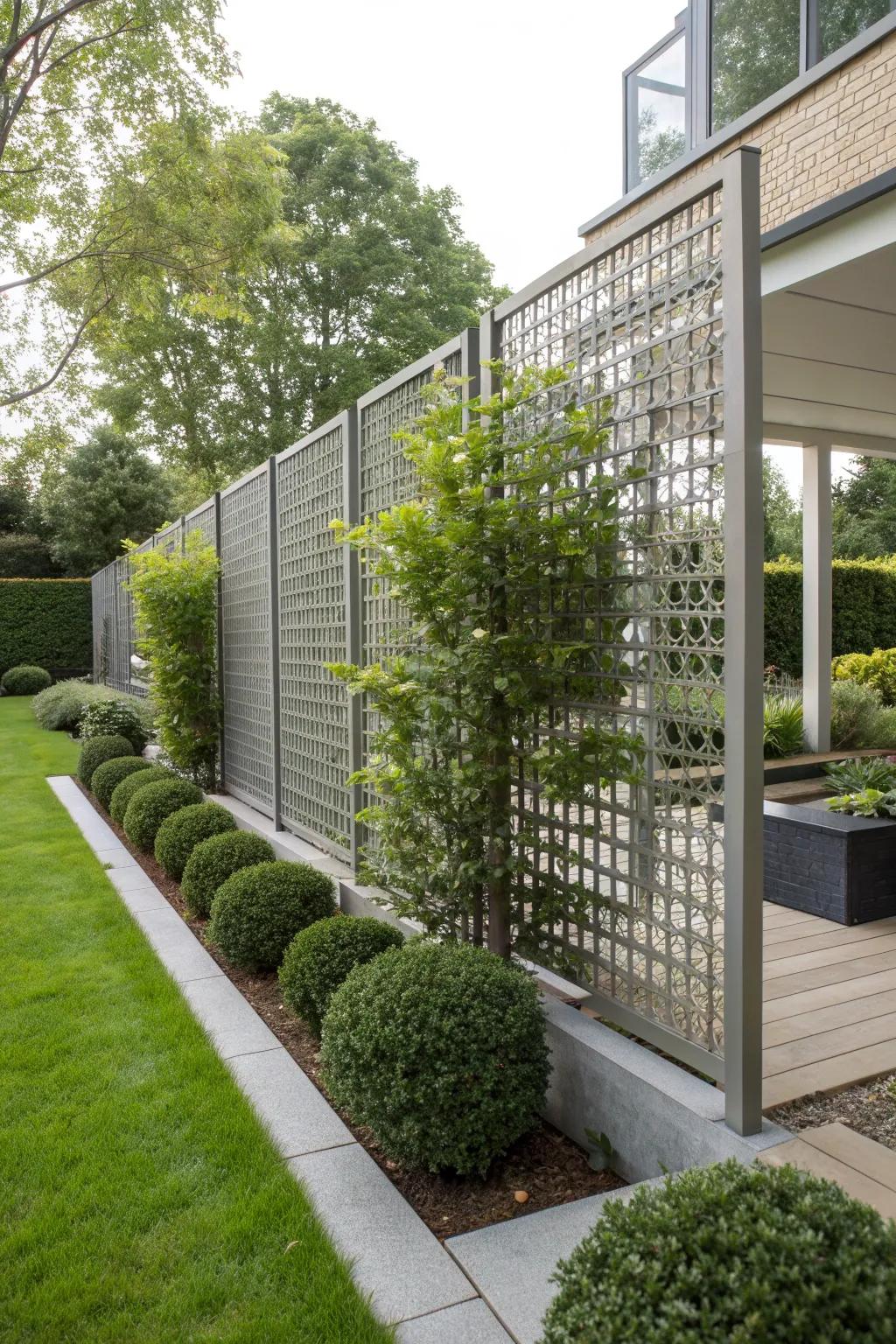 Floating lattice panels in a modern garden.