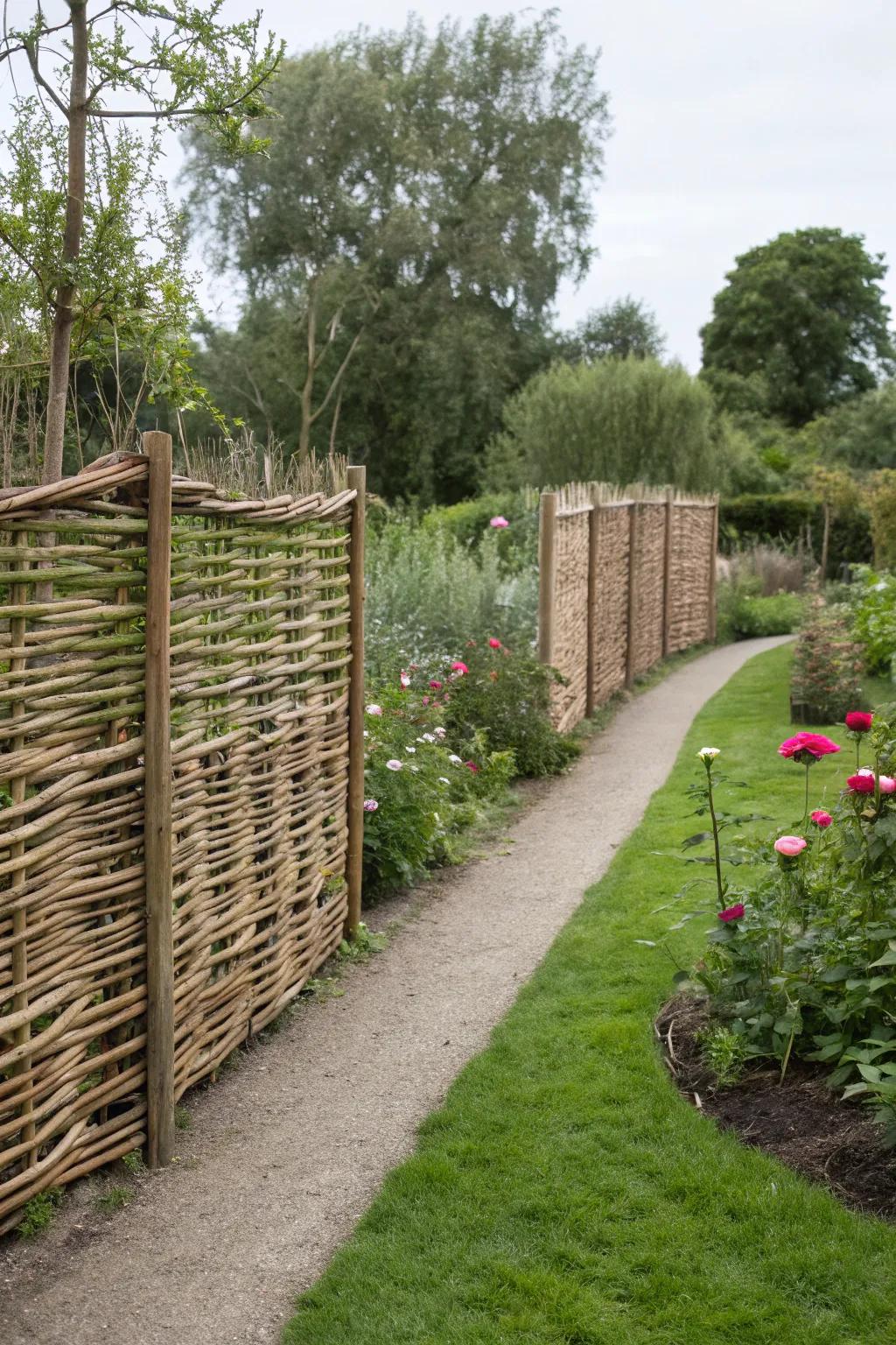 Rustic woven panels add an organic touch to the garden.