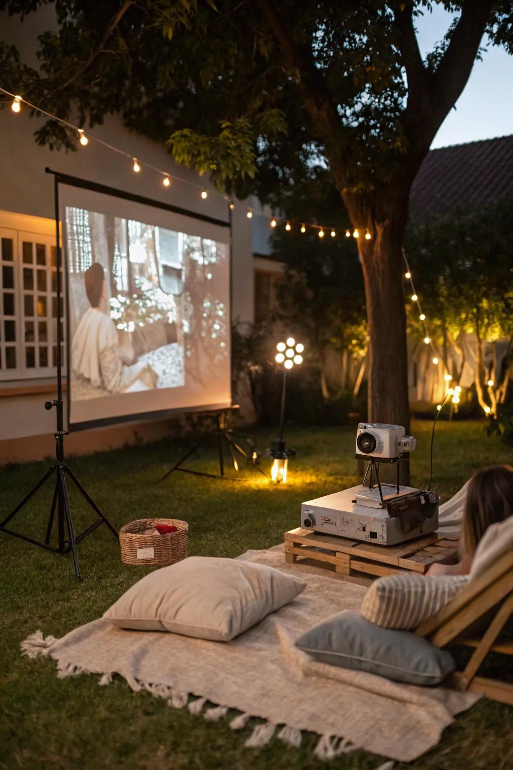 An outdoor movie night creates a cozy and fun atmosphere.