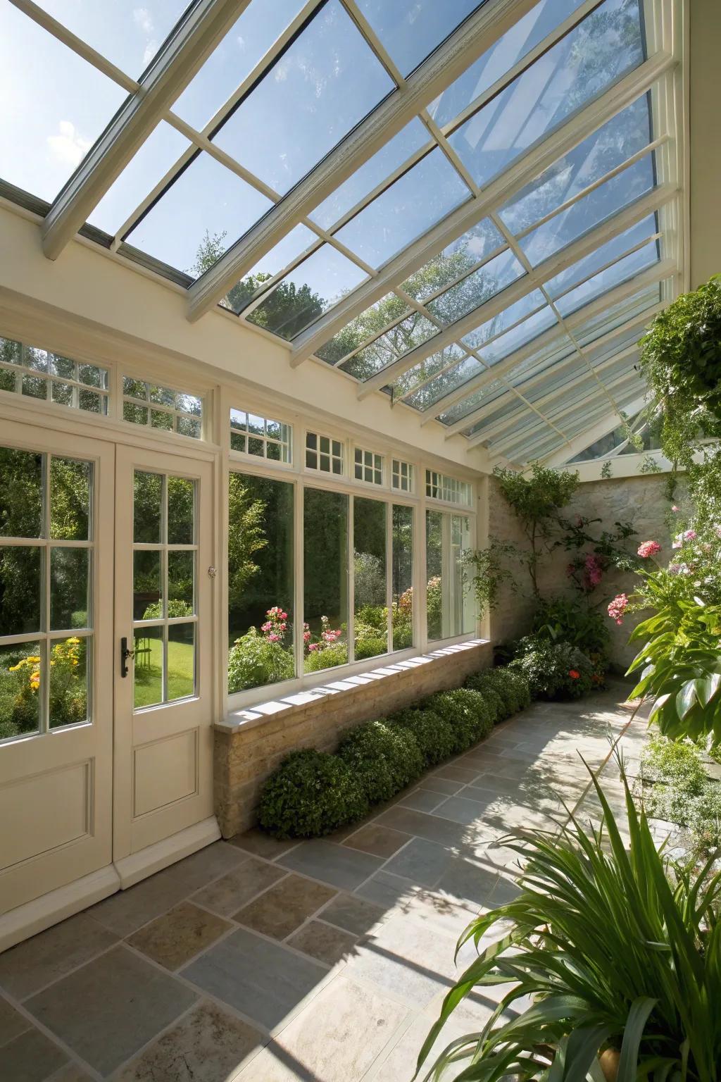 A sloping glass roof enhances the natural light in this conservatory.