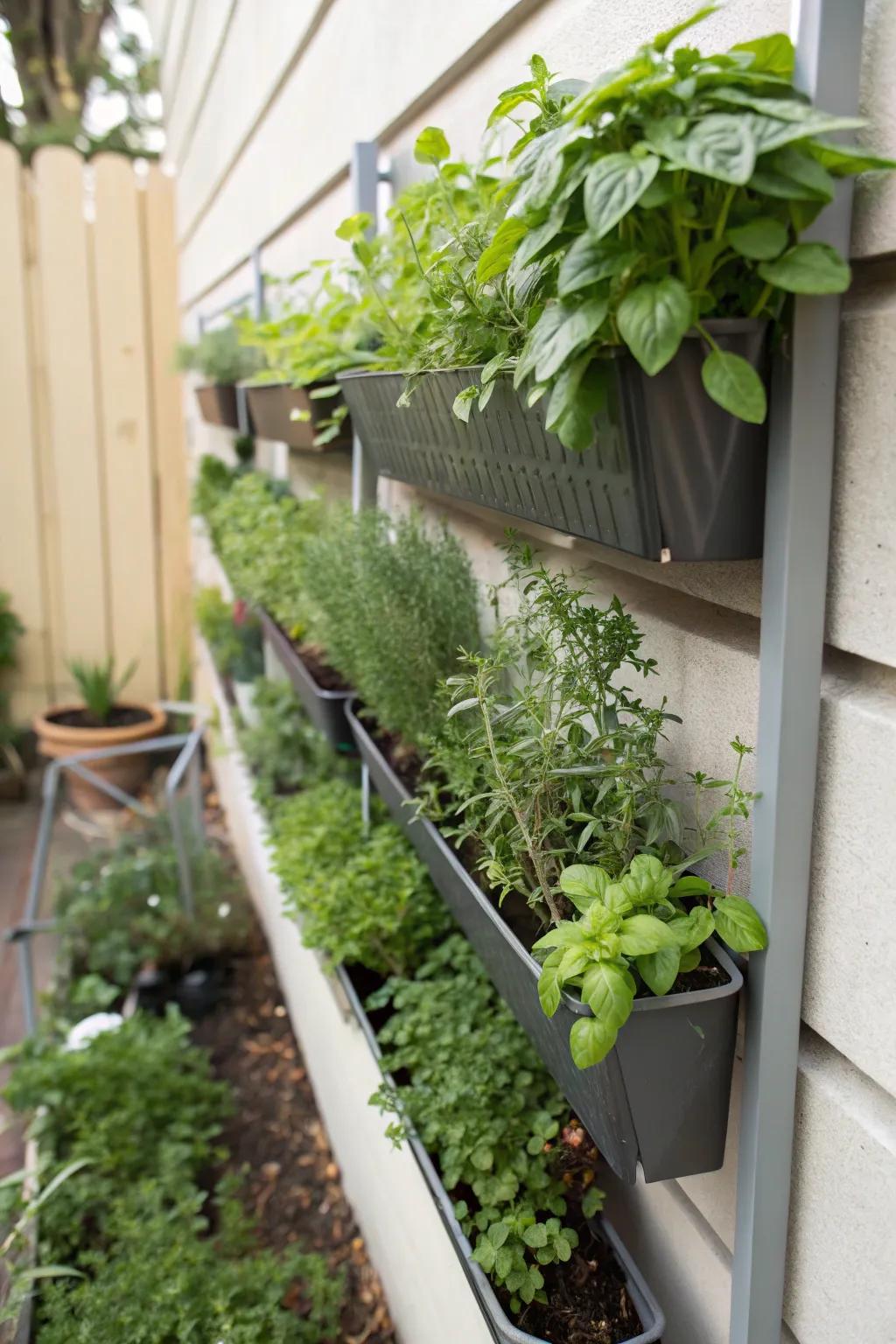 A vertical herb garden brings greenery to a lean-to wall.