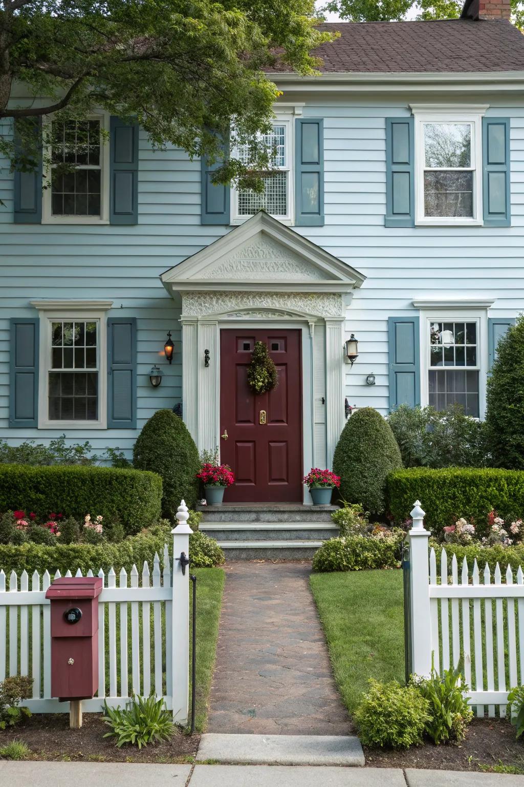 A burgundy door adds depth and sophistication.