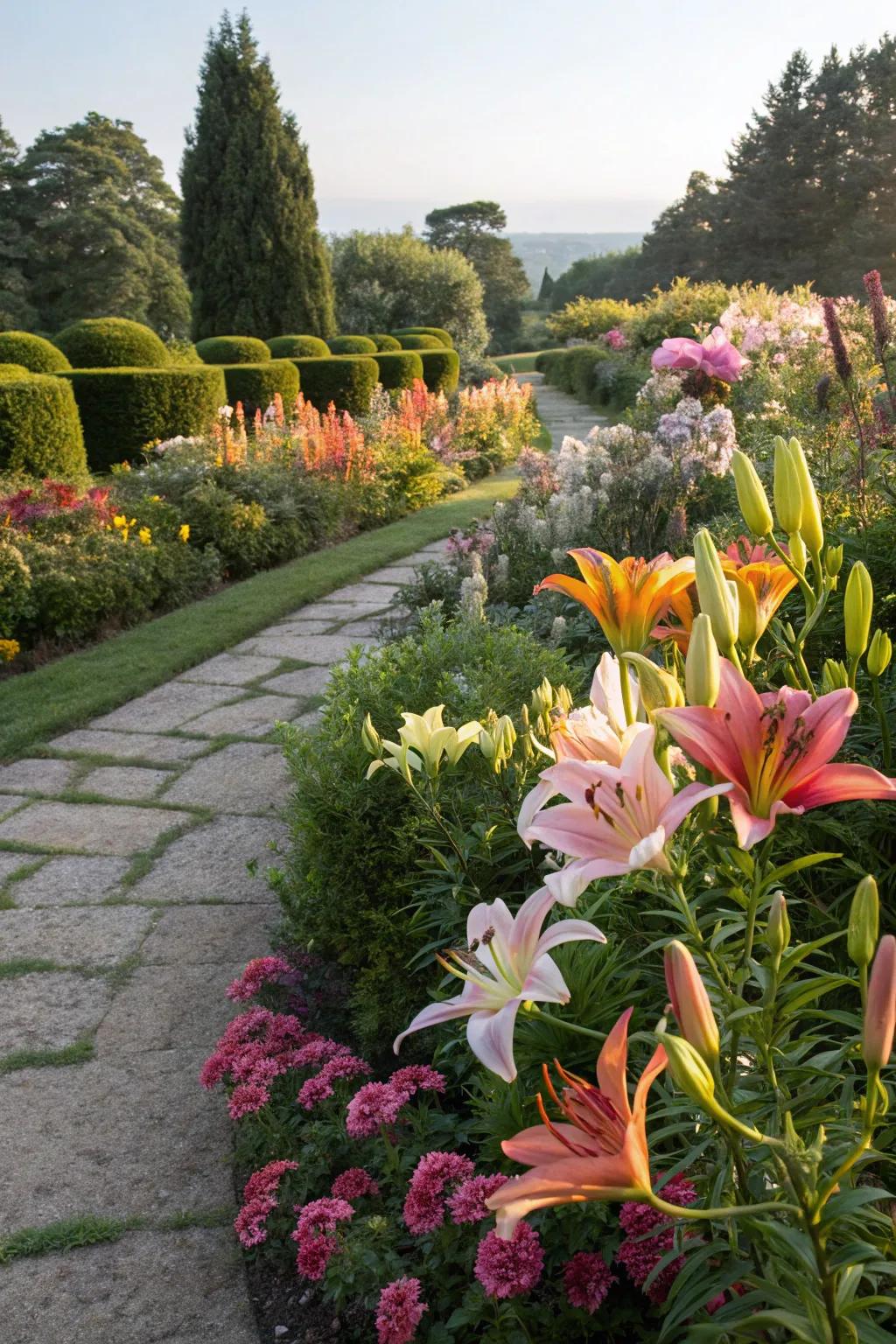 Lilies mixed with seasonal flowers for year-round color
