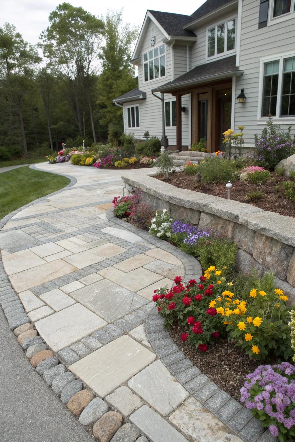 A limestone driveway featuring a range of natural stone colors.