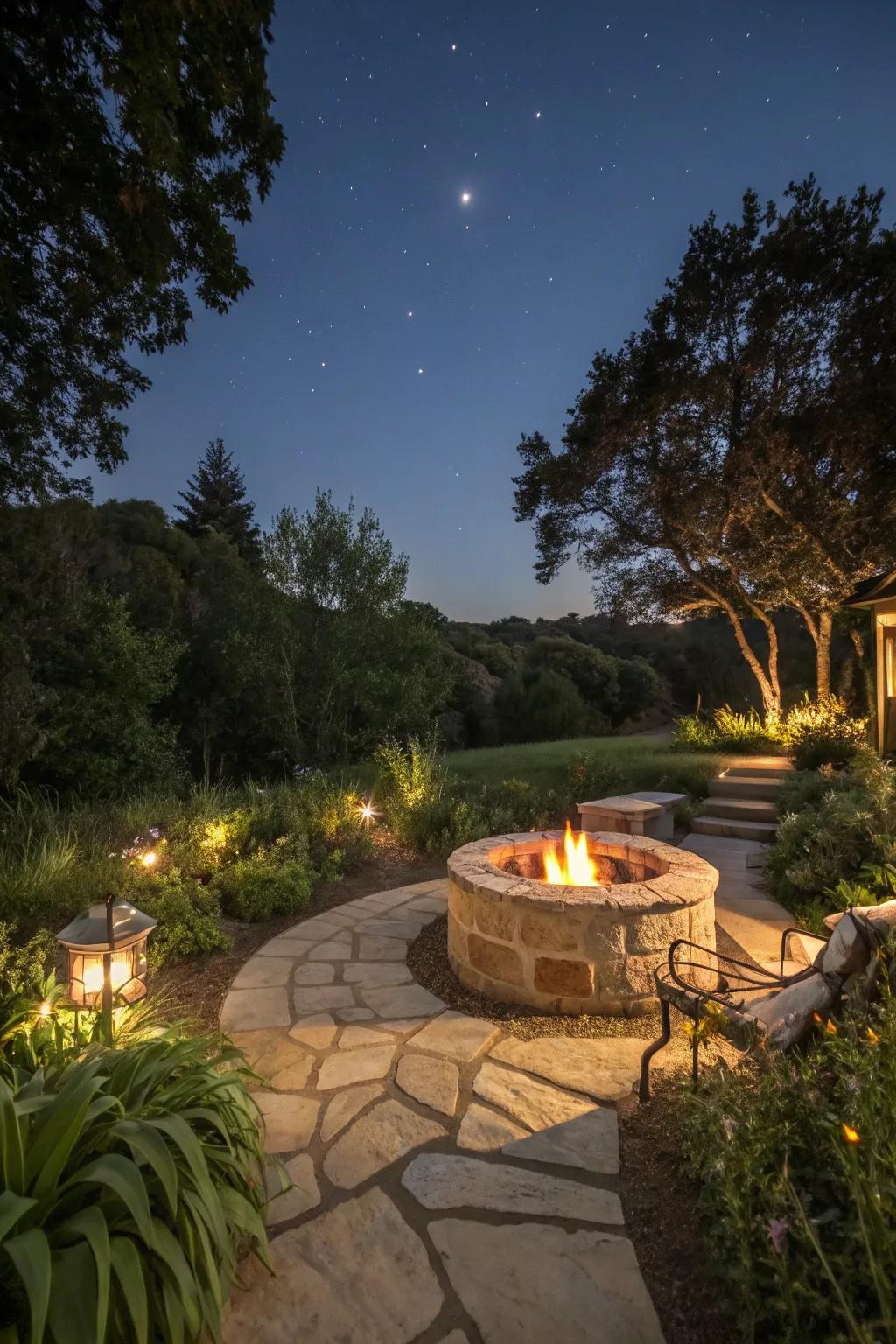 Ambient lighting transforms your fire pit into a magical space.