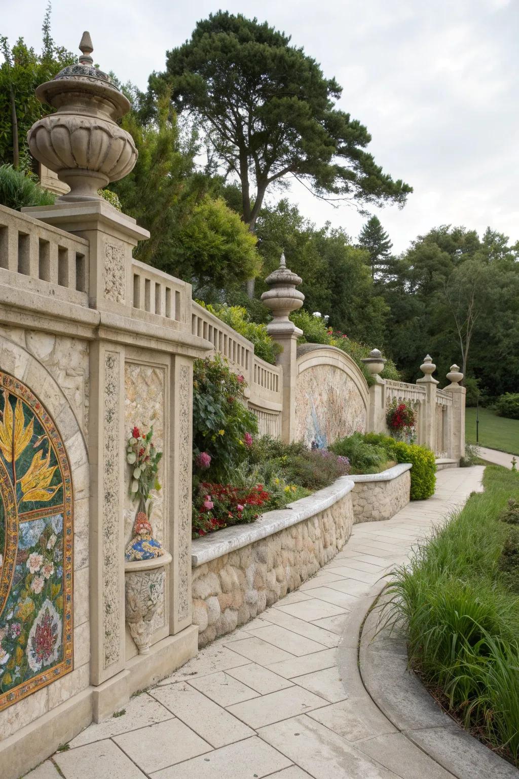 Art and limestone walls create unique garden features.