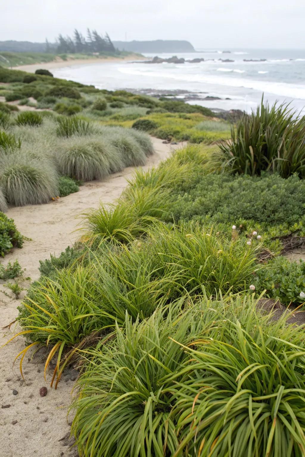Liriope thriving in a coastal garden setting.