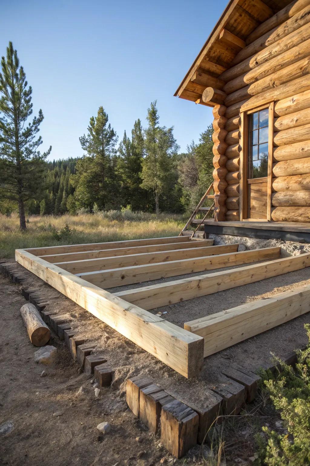 A simple skid foundation ready to support a small log cabin.