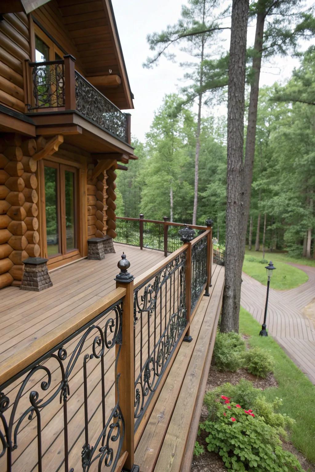 Wrought iron details add a whimsical, vintage touch to the wooden railings.