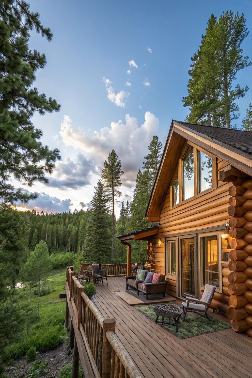 A log cabin with a cozy outdoor deck perfect for entertaining.