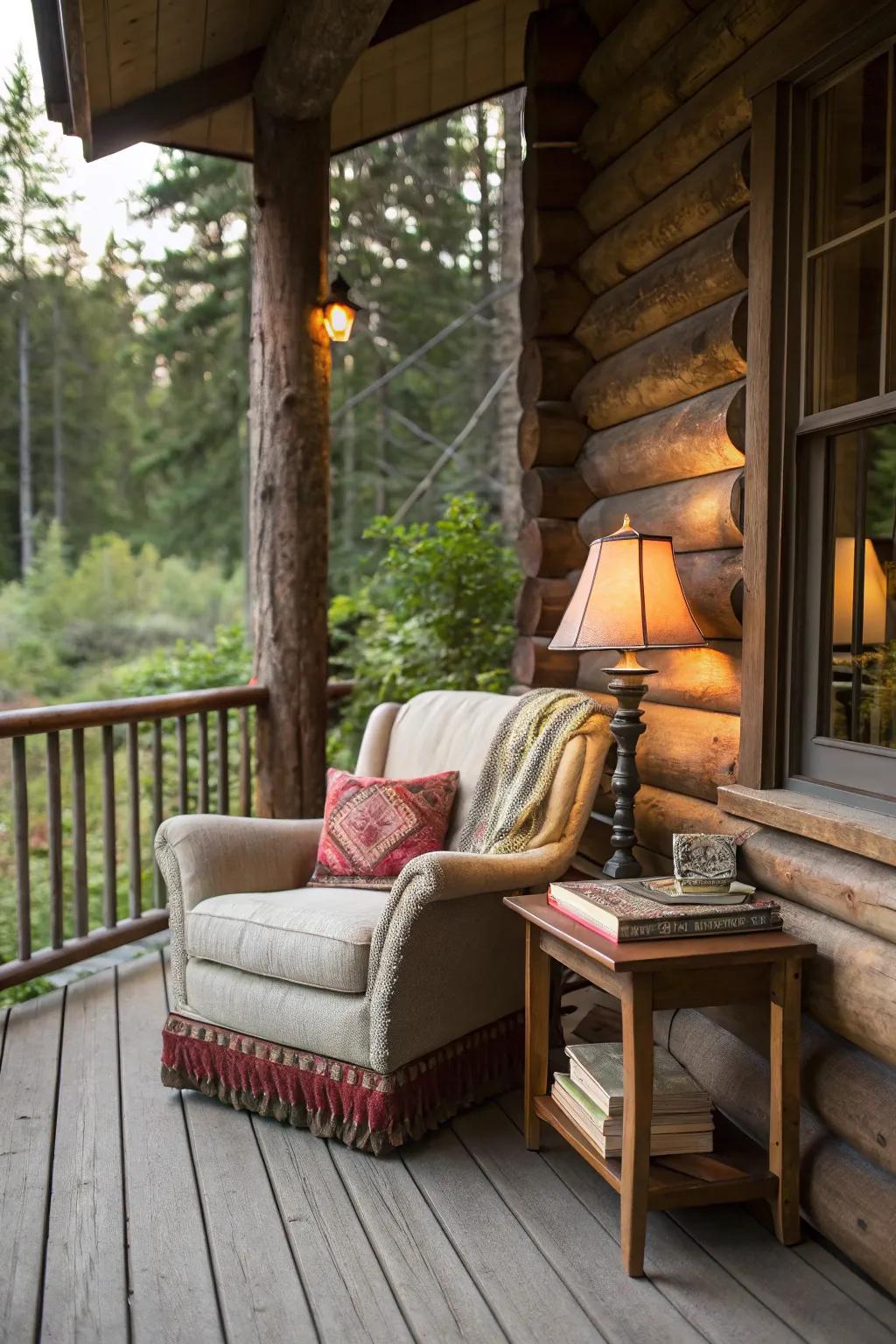 A serene reading nook on a log cabin porch, perfect for escaping into a favorite book.