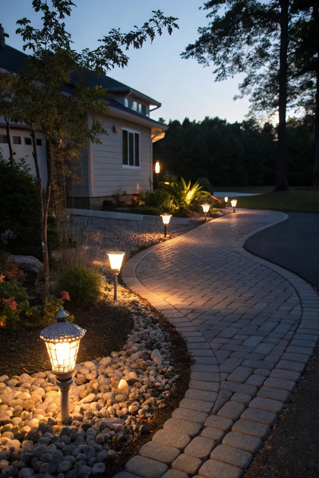 Solar-powered lighting adds a magical glow to your driveway