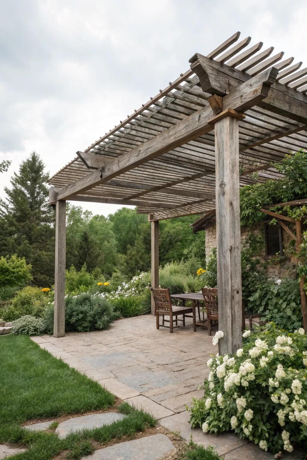 A rustic wooden louvered cover in a garden setting.