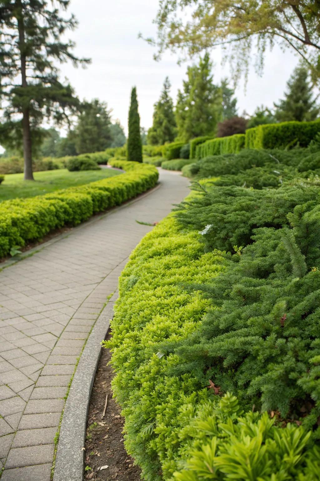 Evergreen ground covers ensure year-round greenery.
