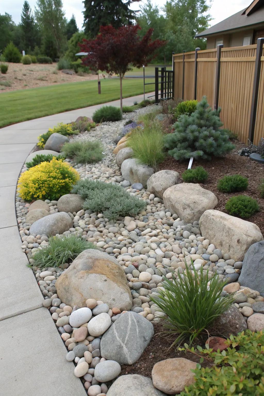 Rock gardens offer a striking and low-maintenance option.