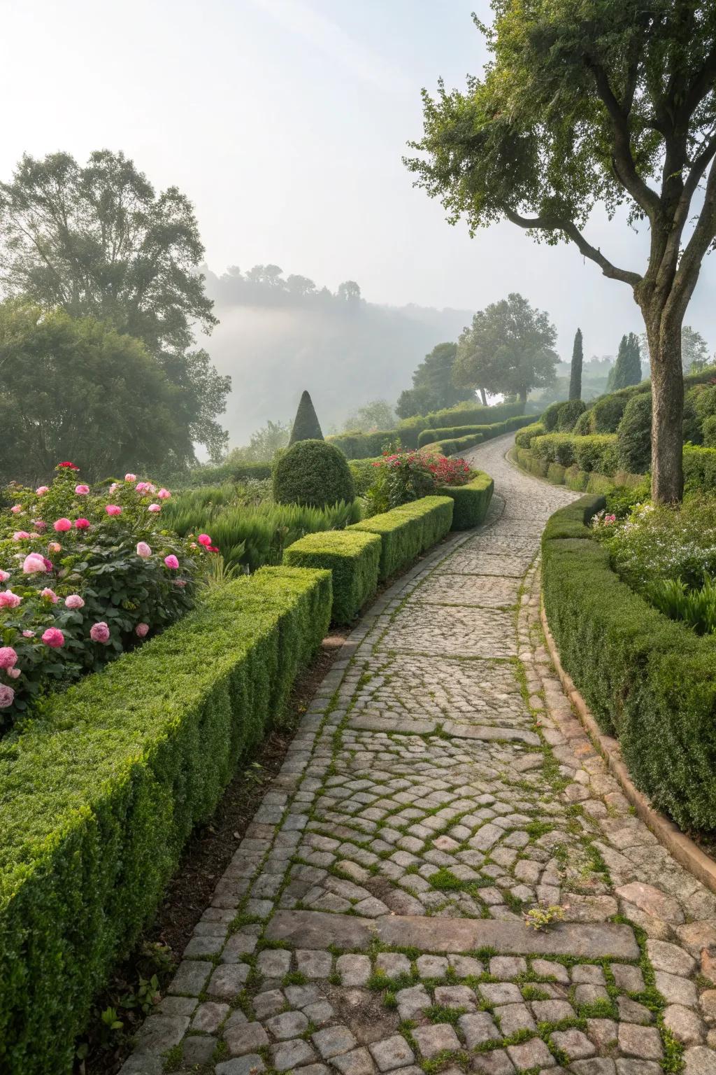 Cobblestone paths provide a sense of timeless elegance.