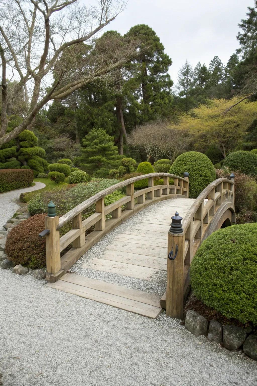 A wooden bridge adds a classic touch to your garden.