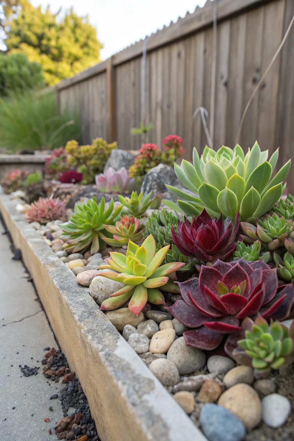 Succulents add texture and color with minimal maintenance.