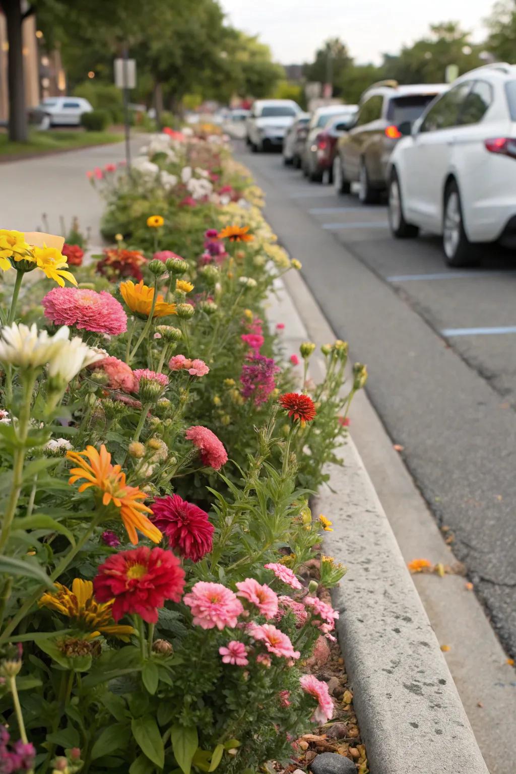 Perennials ensure a colorful parking strip with minimal replanting.