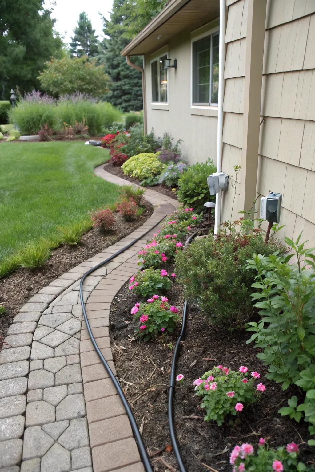 Drip irrigation ensuring precise watering for a thriving side yard.
