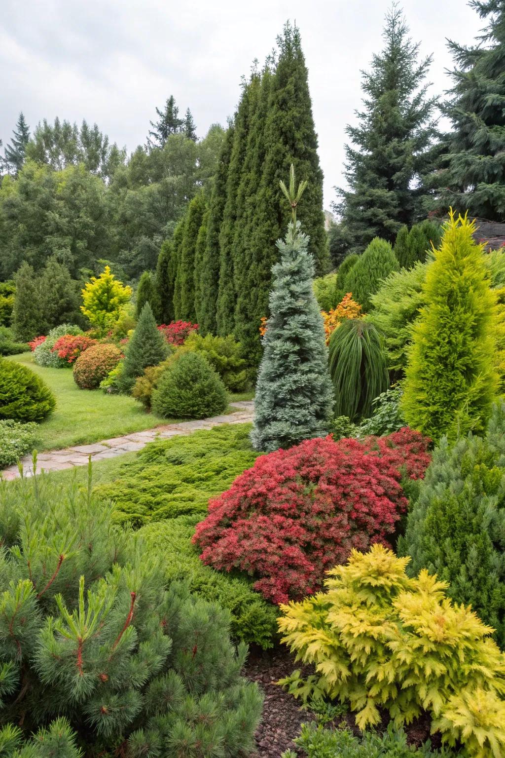 Evergreen plants provide year-round color with little maintenance.