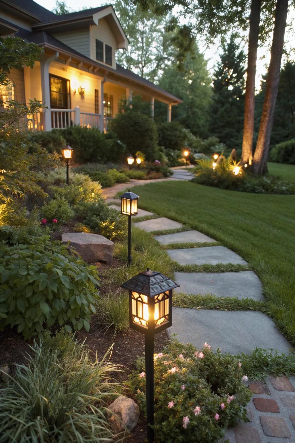 Subtle solar-powered lighting highlights plants and pathways in a tropical front yard.