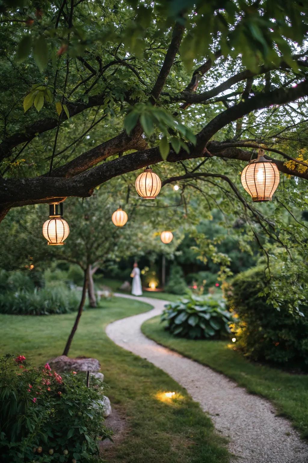 Hanging lanterns add a whimsical touch to any garden.