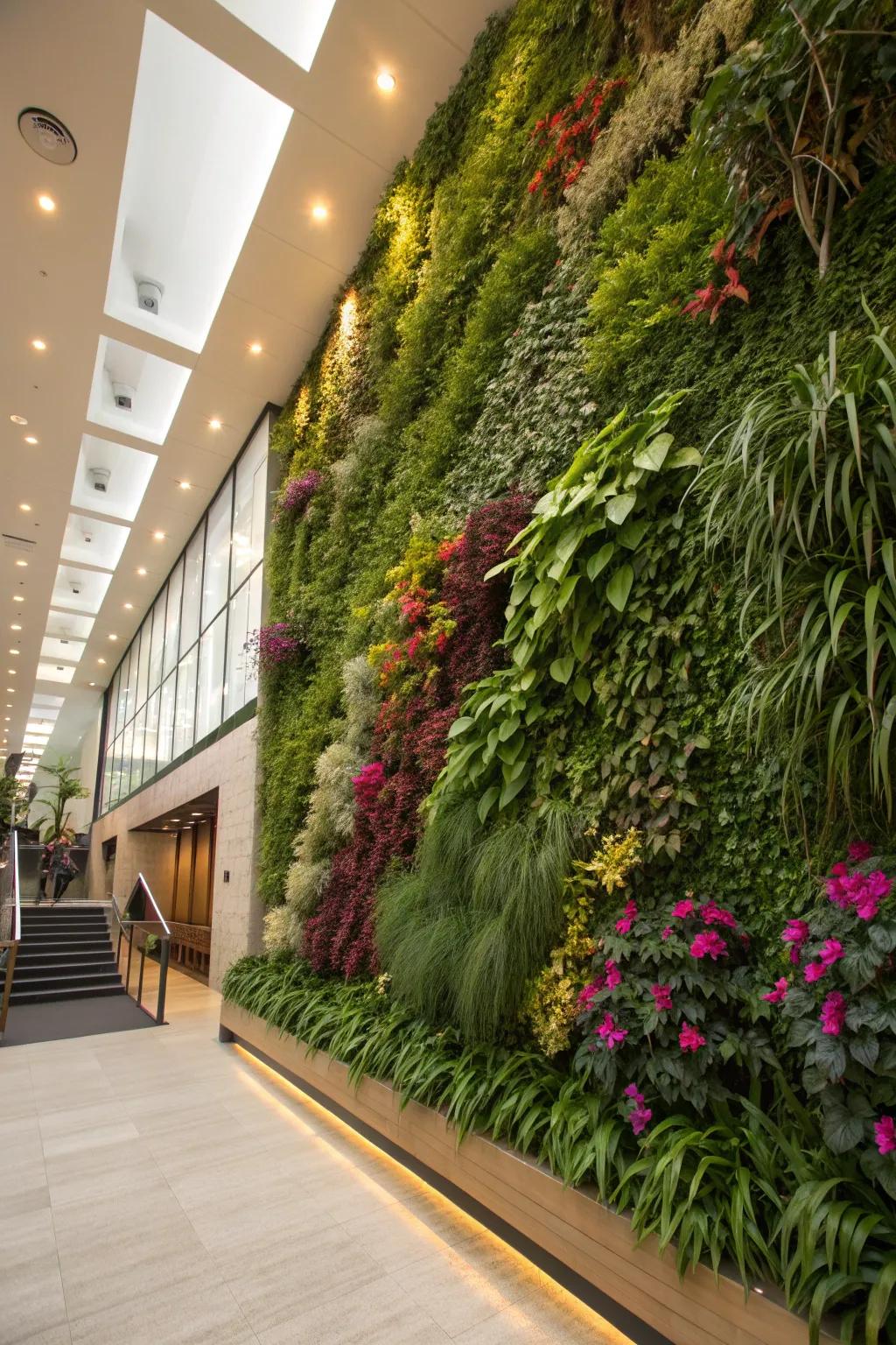 A lush vertical garden wall with diverse plant species.