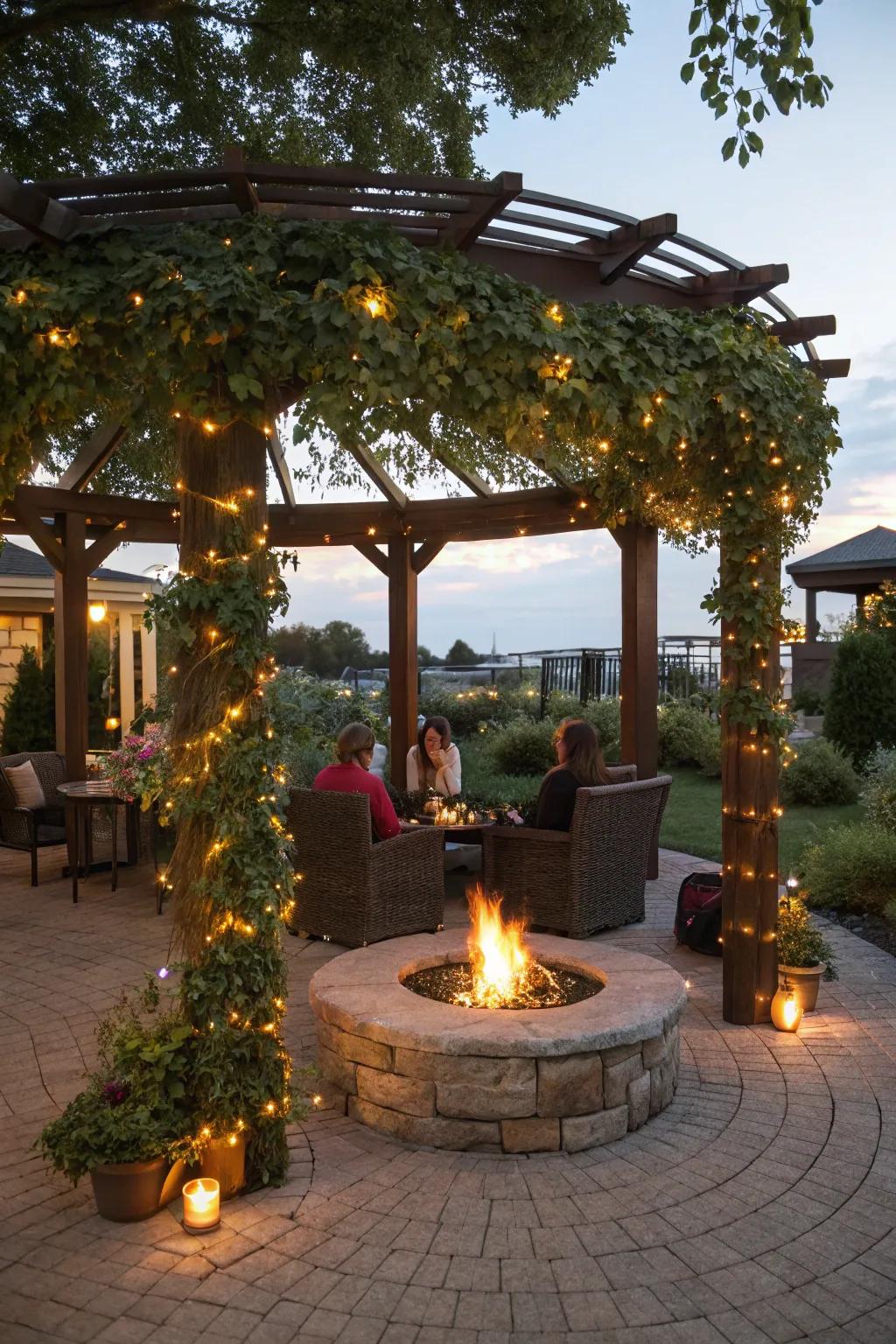 A fire pit under a pergola provides warmth and a captivating focal point.