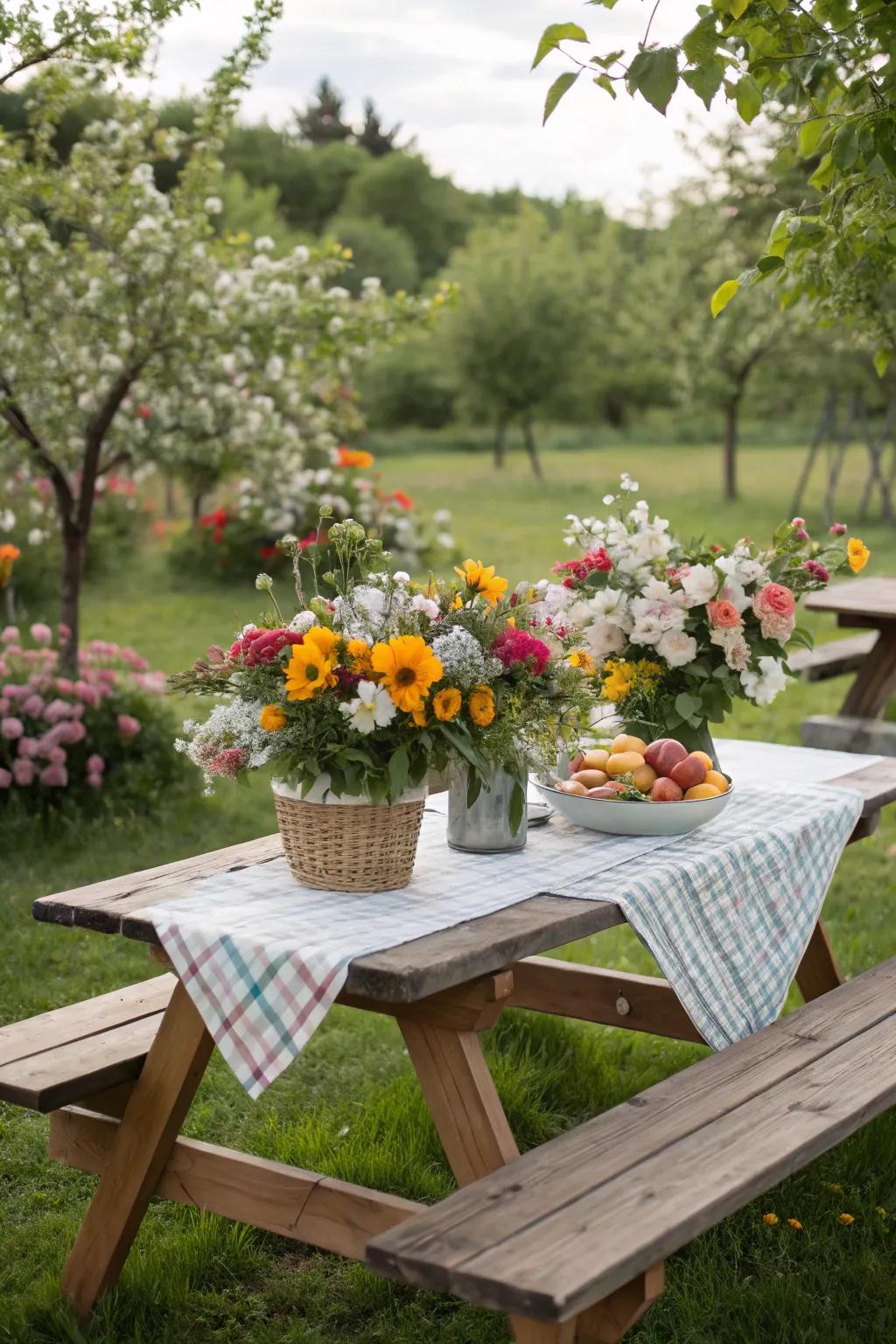 Beautiful floral arrangements enhancing the picnic table.