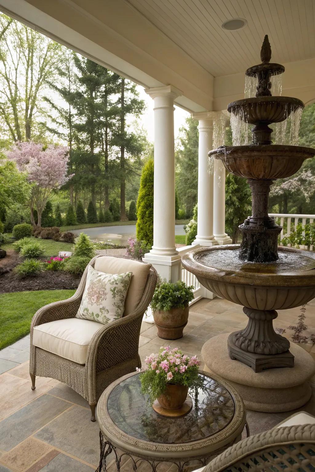 Add a touch of tranquility with a surprising water feature on your luxury porch.