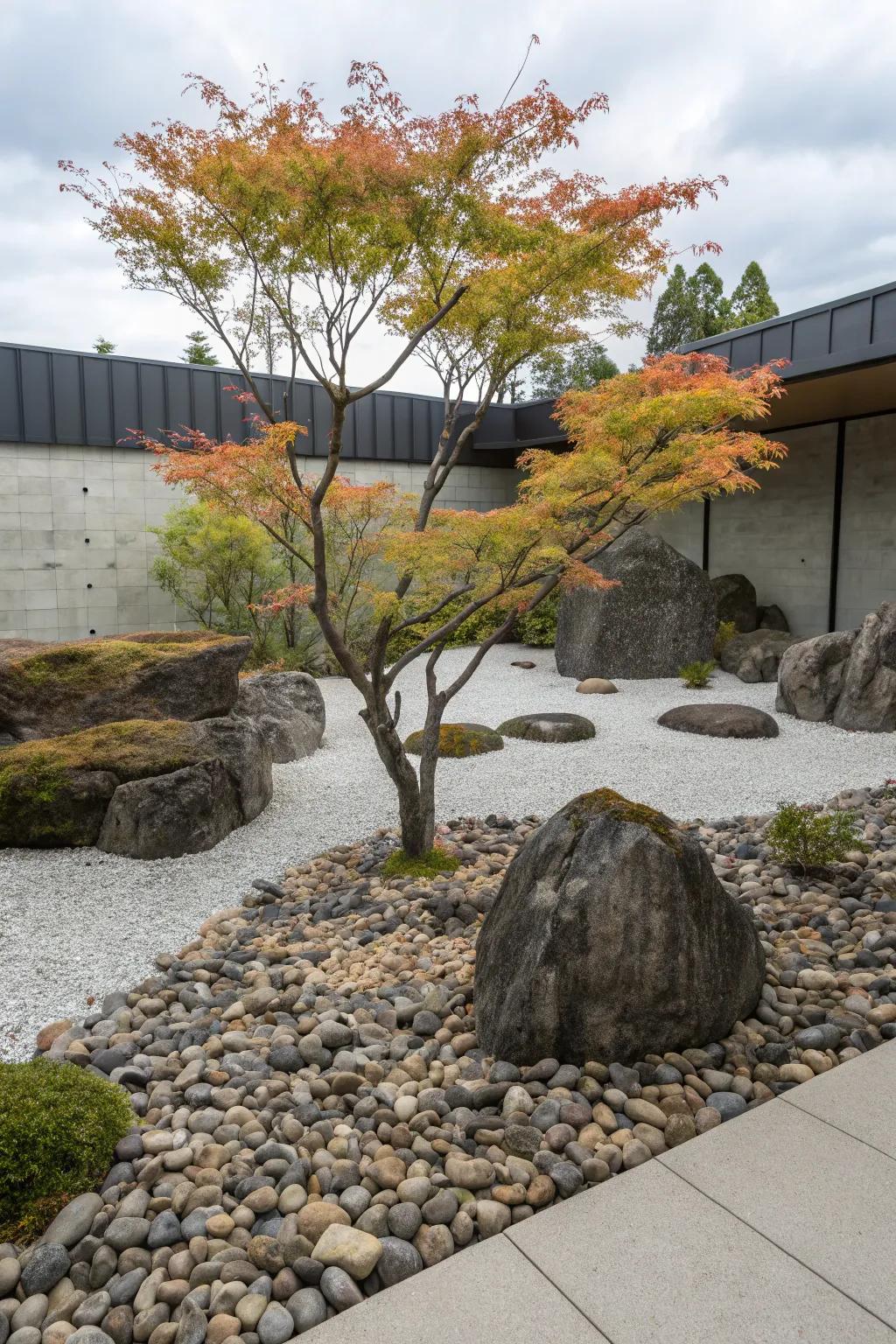 A maple tree adds softness to a rugged rock garden.