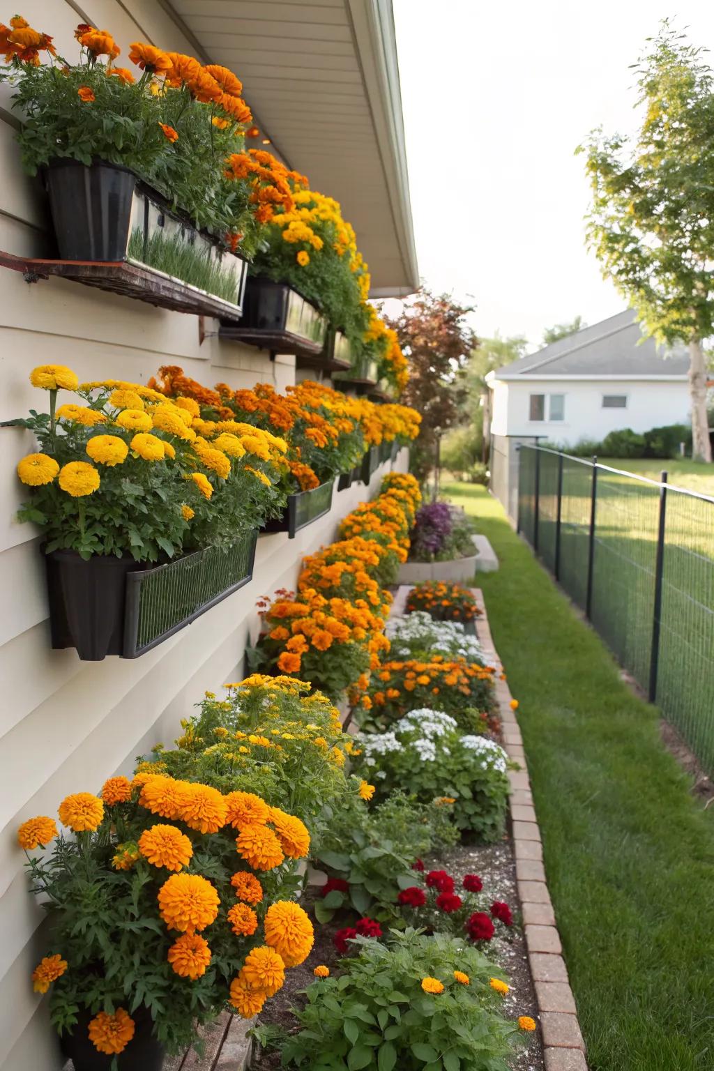 Space-saving vertical marigold garden.