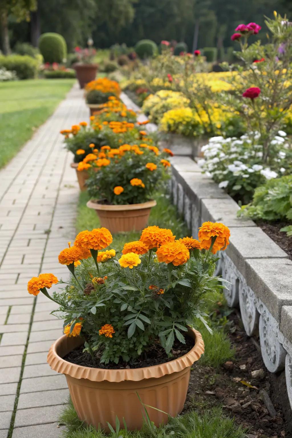 Container marigolds add flexibility and style to garden borders.