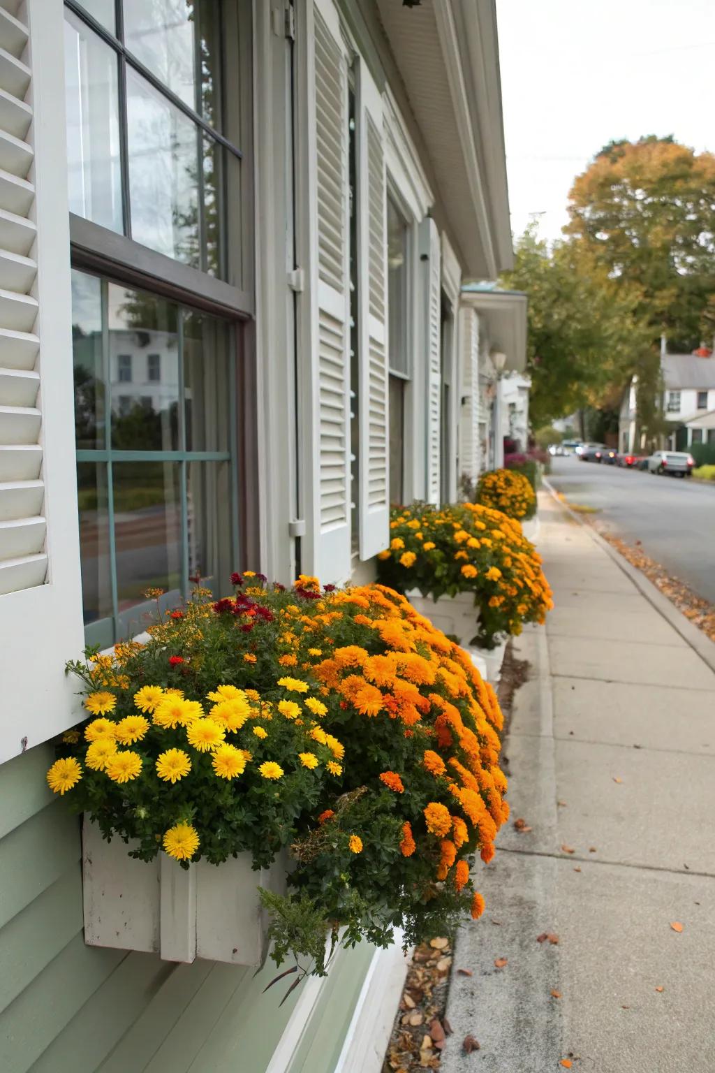Window boxes filled with marigolds add a seasonal splash of color.