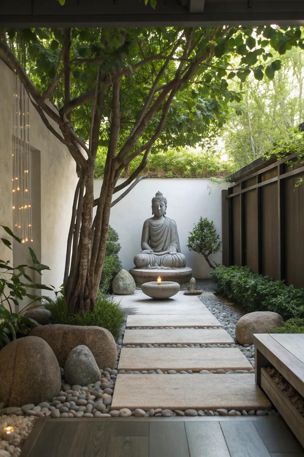 A meditation patio featuring a serene Buddha statue.