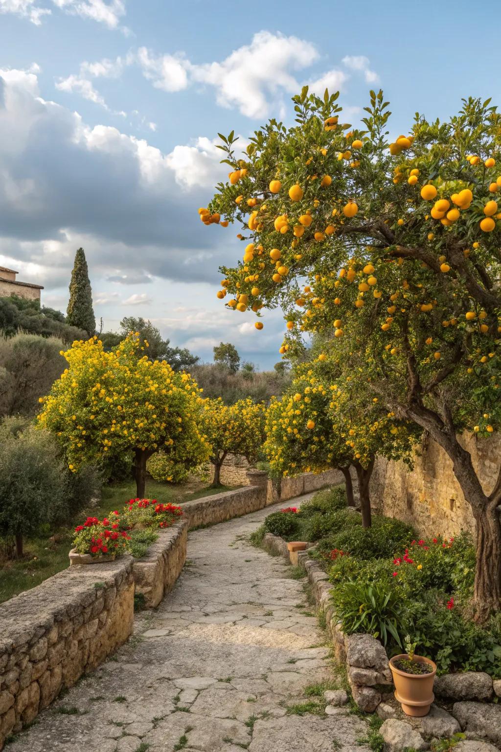 Citrus trees bring color and fragrance to Mediterranean gardens.