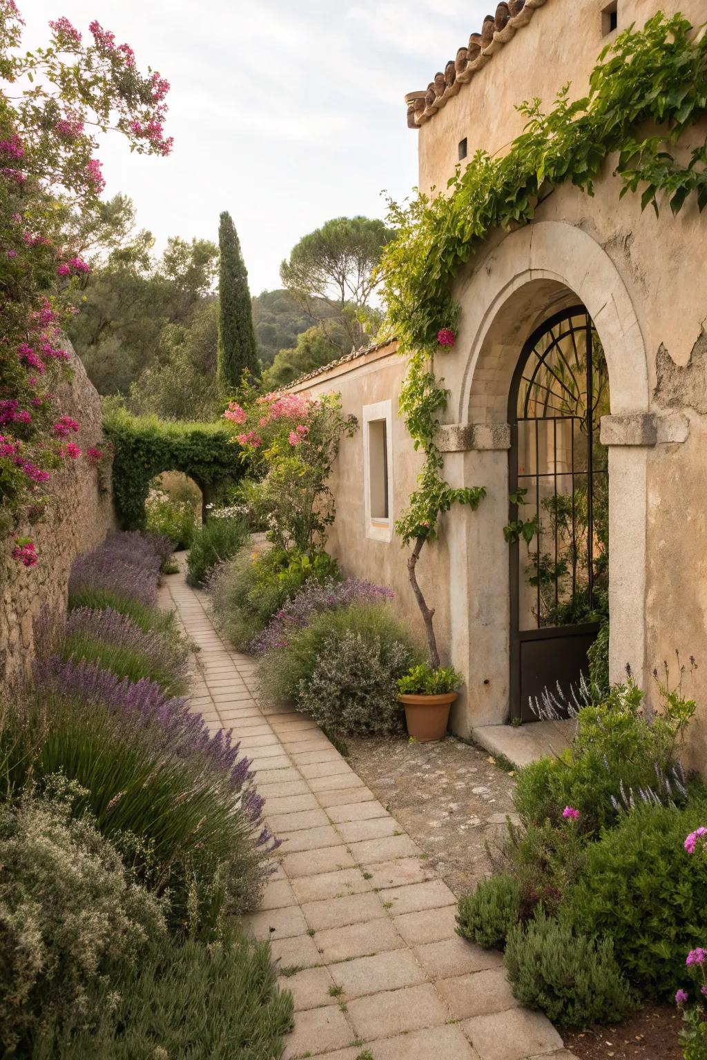 Architectural elements like stucco walls add to the Mediterranean charm.