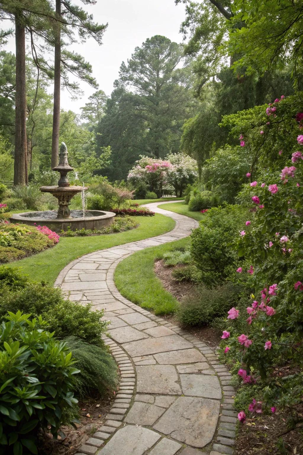 Curved stone paths add elegance and guide exploration.