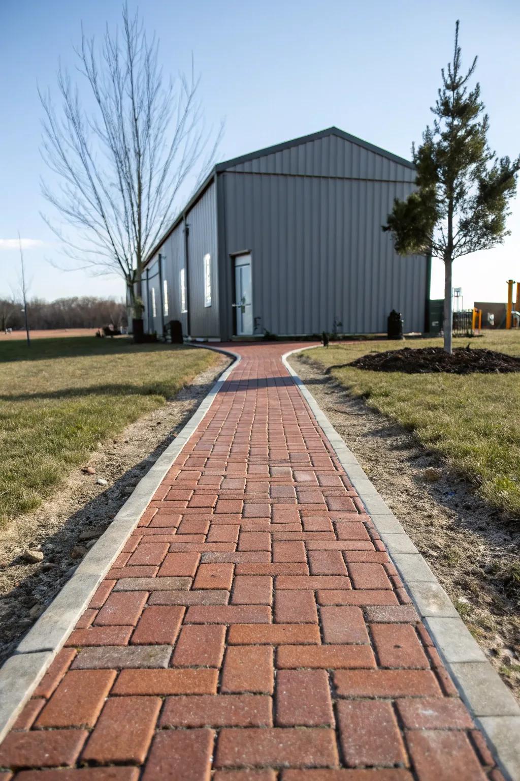 Charming brick path leading to a metal building entrance.