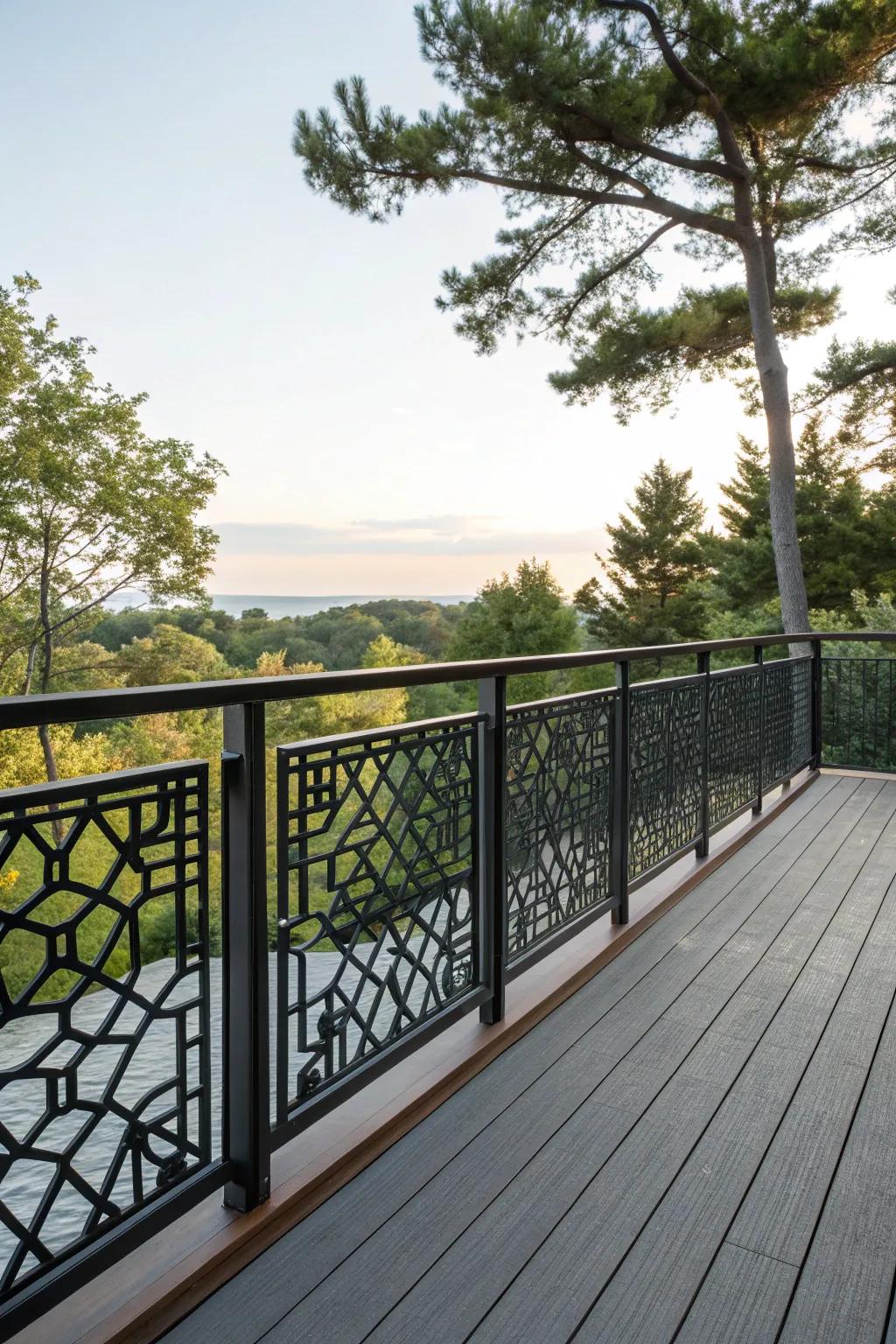 Geometric patterns add a modern artistic flair to metal decks.
