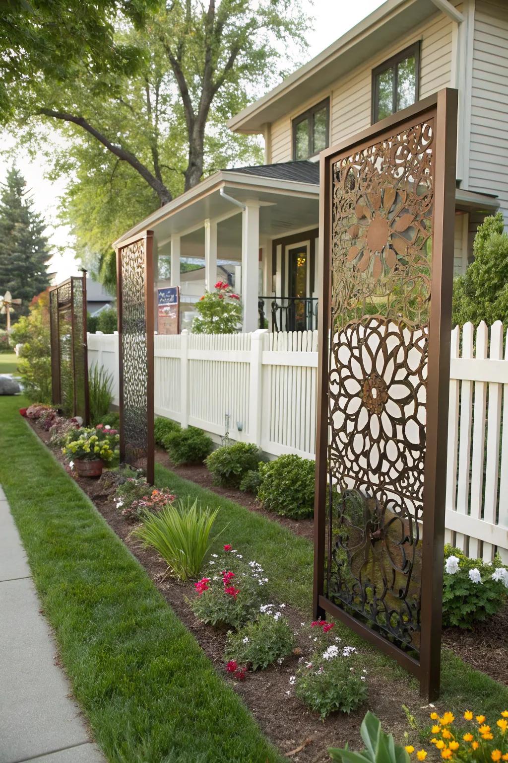 Artistic metal screens add privacy and style.