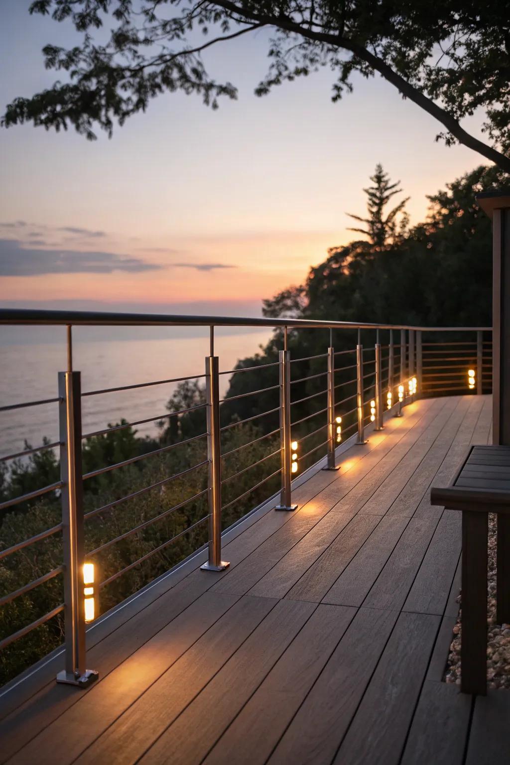 Enchanting deck lighting integrated into horizontal railings.