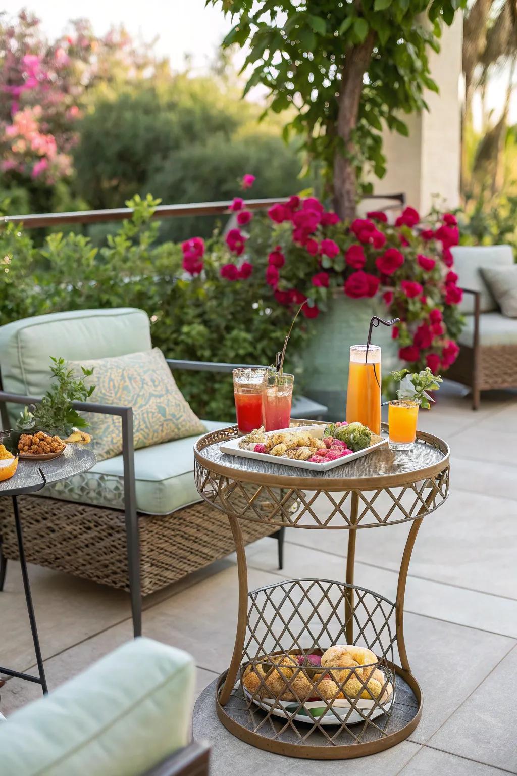 A metal accent table providing both style and practicality on this lively patio.