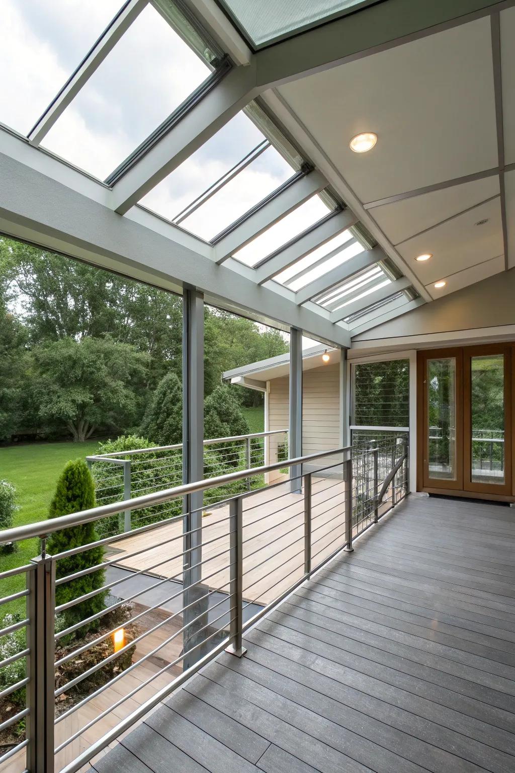 A metal porch enhanced with natural light from skylights.