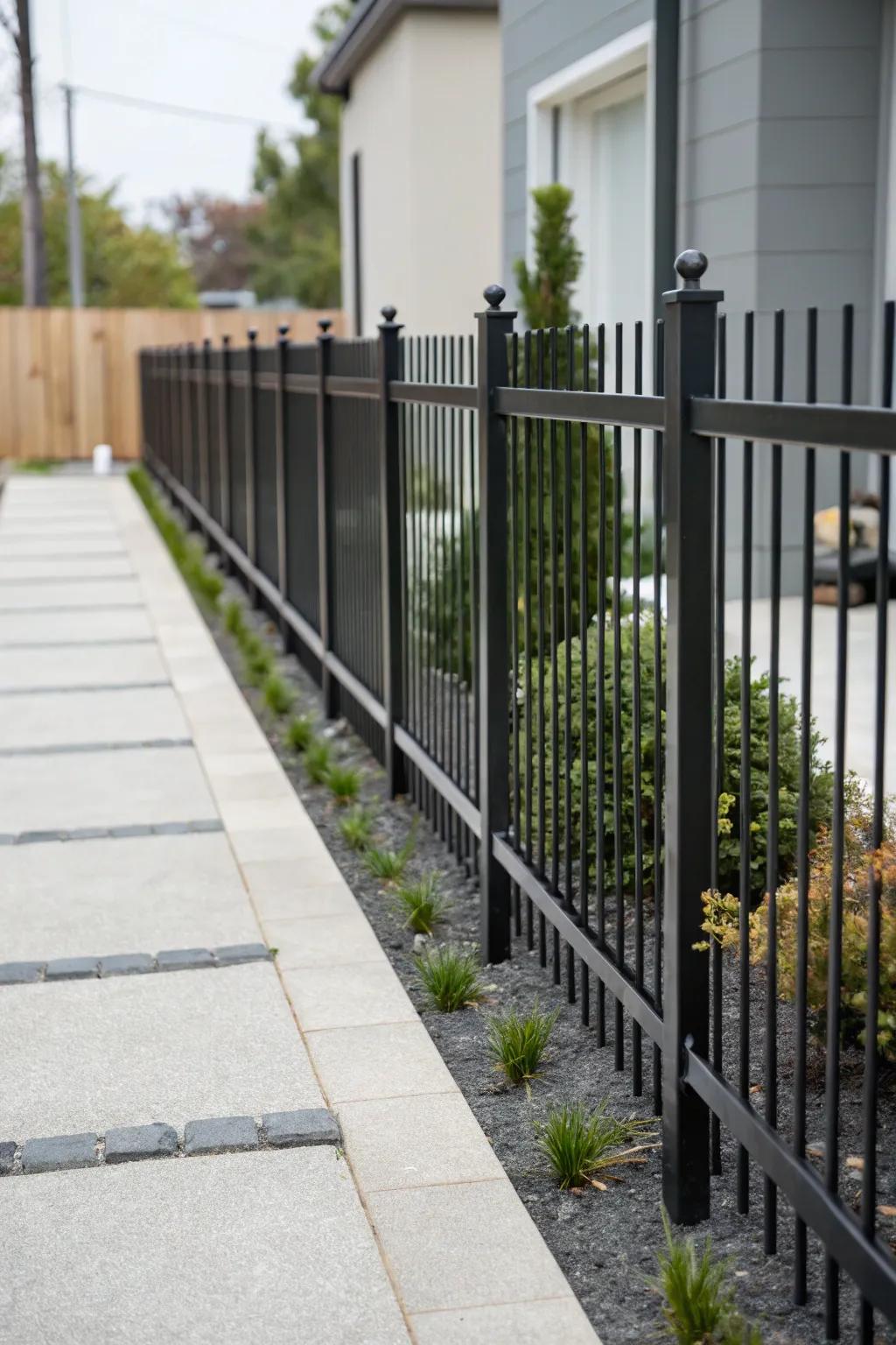 Minimalist garden with sleek black metal fence and metal posts.