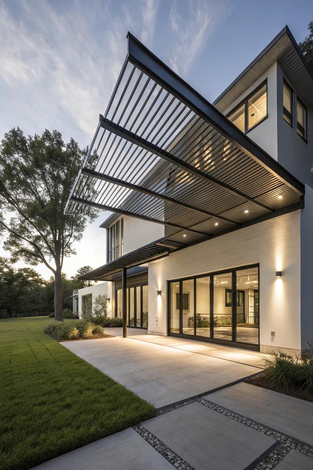 An angled awning adds a dynamic architectural feature.