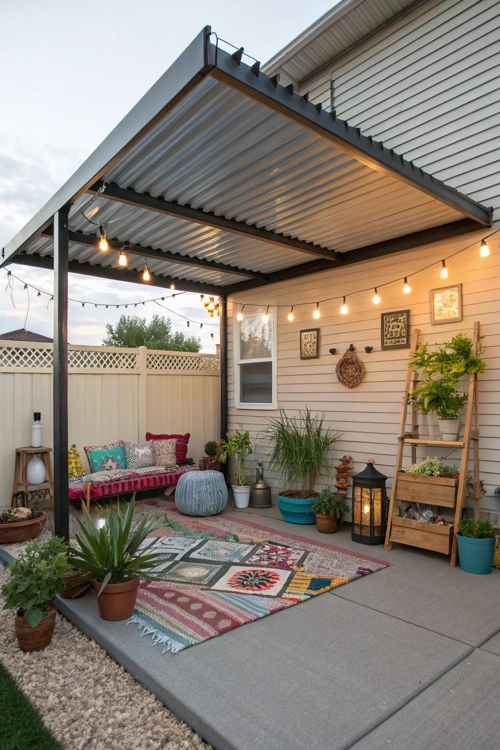 A DIY metal roof patio cover with unique personal touches.