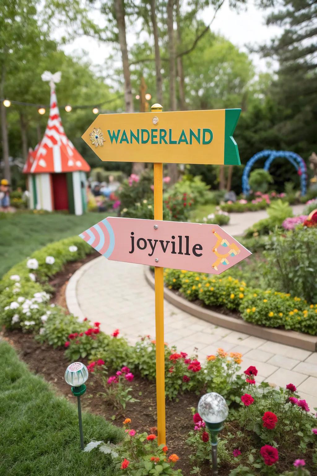 Directional signs add whimsy and guidance to gardens.